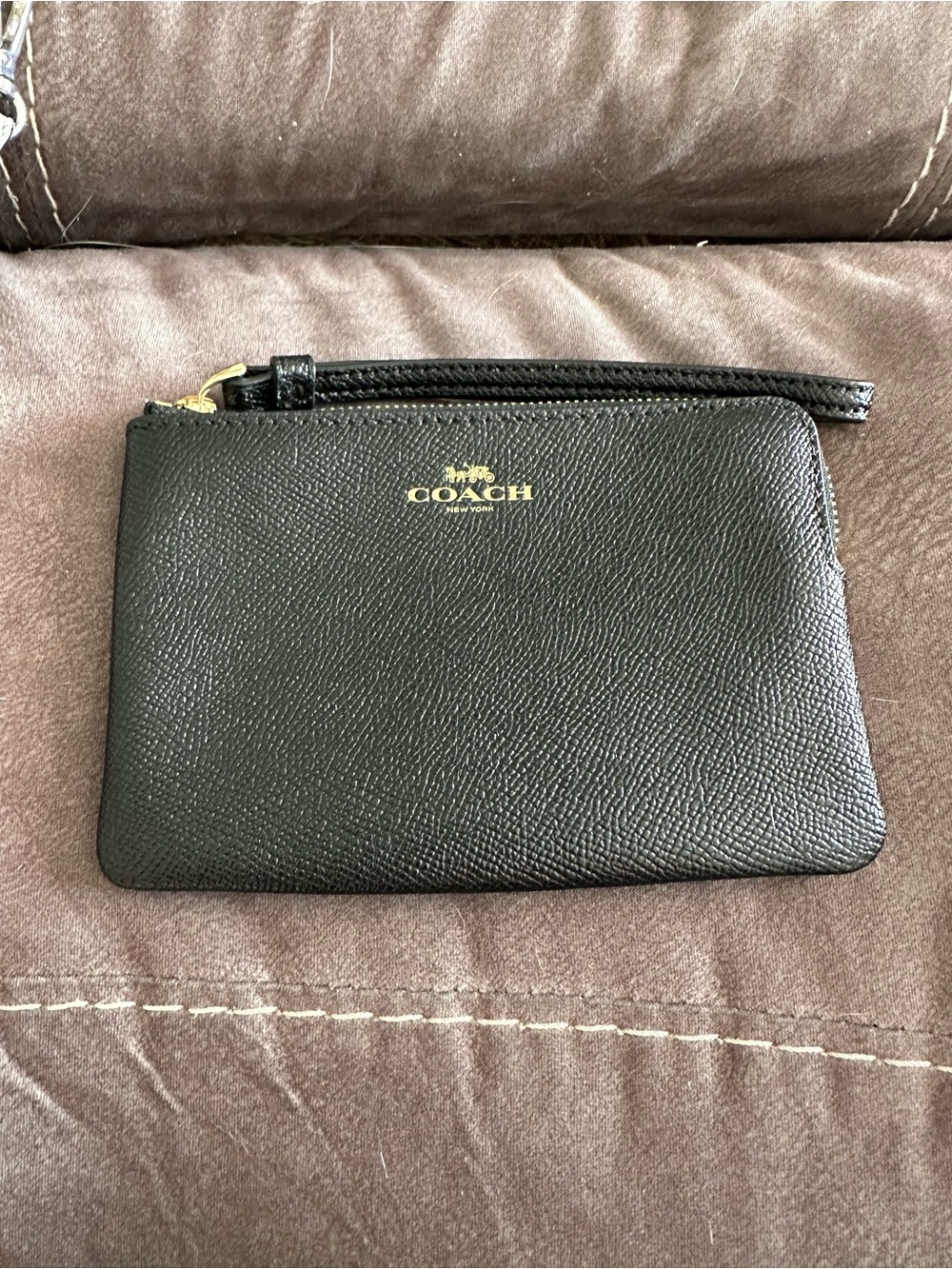 Coach Black Pebbled Leather Wristlet with Gold Logo